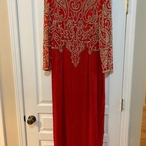 Red vintage beaded dress with white pearl beads